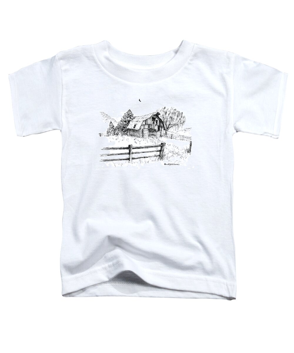 Weeping Willow Toddler T-Shirt featuring the drawing Weeping Willow and Barn One by Randy Welborn