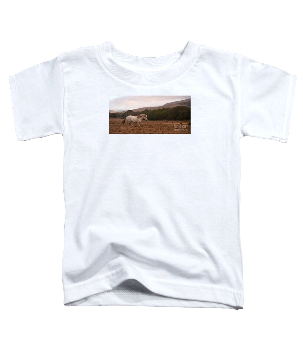 Rtf Ranch Toddler T-Shirt featuring the photograph White Mare Gallops #1 - Panoramic Brighter by Heather Kirk