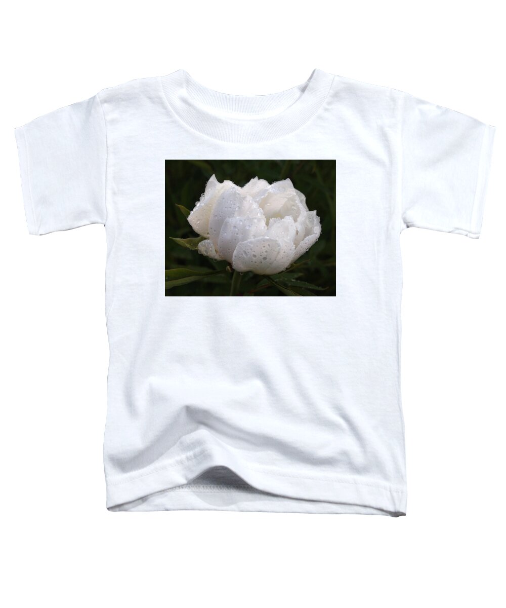 White Tree Peony Toddler T-Shirt featuring the photograph White Peony Covered in Raindrops by Gill Billington