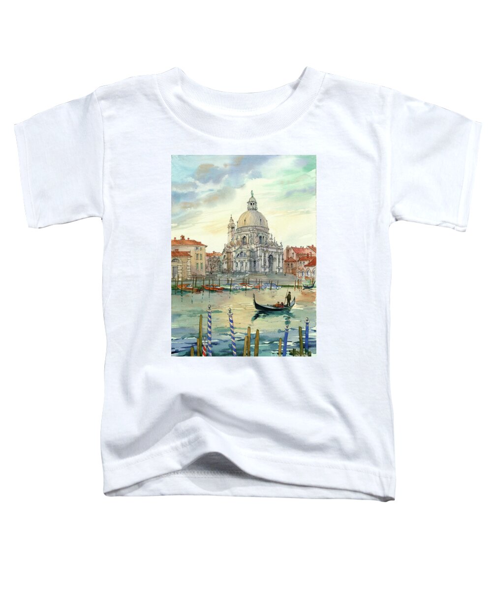 Venetian Scenery; Santa Maria Della Salute; Grand Canal. Venice; Italy; Gondola; Romantic; Vacation; Cityscape; Drawing; Architectural Rendering; Bird's-eye-view; Blue; Yellow; Red; Sky; Water; Watercolor; Painting; Maria Rabinky; Rabinky; Rabinsky; Art Toddler T-Shirt featuring the painting Santa Maria della Salute by Maria Rabinky