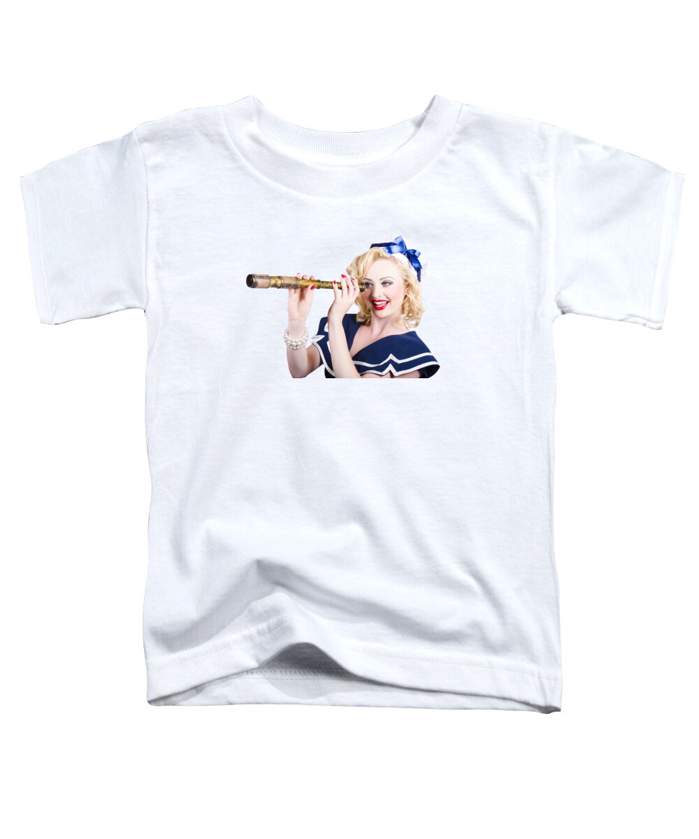 Woman Toddler T-Shirt featuring the photograph Attractive pinup sailor girl with a monocular by Jorgo Photography