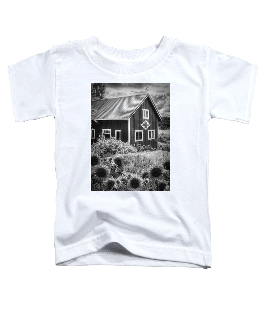 Barn Toddler T-Shirt featuring the photograph Barn in Summer Sunflowers Black and White by Debra and Dave Vanderlaan