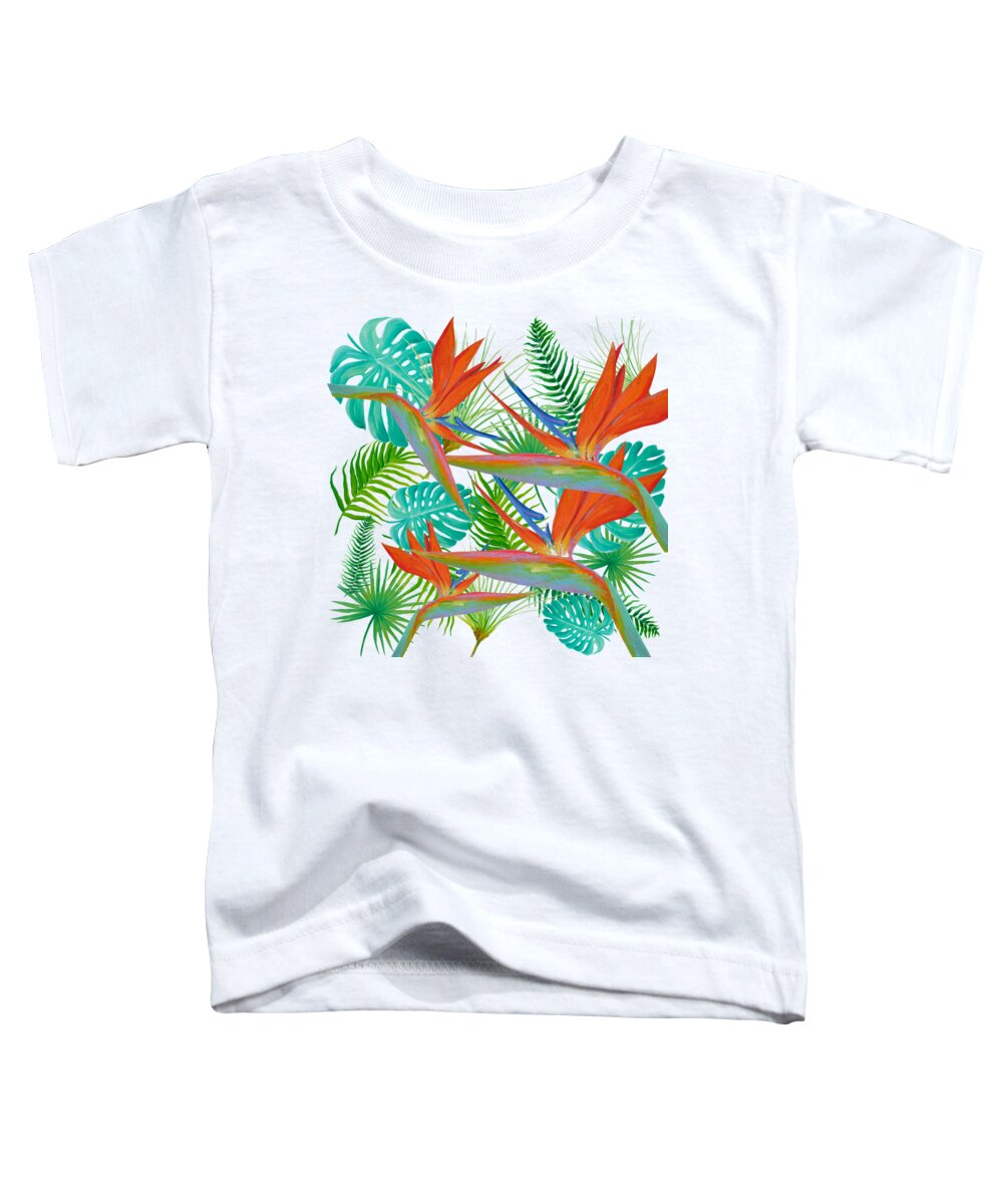 Bird Of Paradise Flowers Toddler T-Shirt featuring the painting Bird of Paradise flower and tropical leaves and ferns by Jan Matson