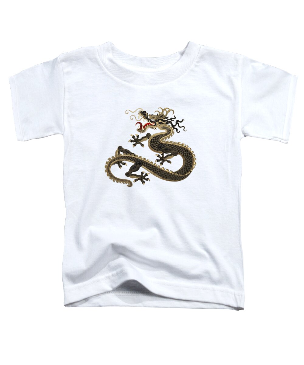 ‘the Great Dragon Spirits’ Collection By Serge Averbukh Toddler T-Shirt featuring the digital art Black and Gold Sacred Eastern Dragon over White Leather by Serge Averbukh