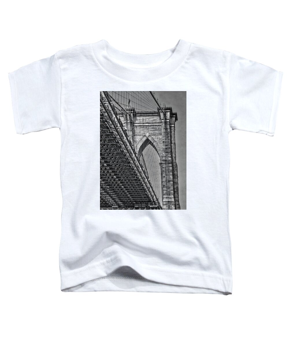 Brooklyn Bridge Toddler T-Shirt featuring the photograph Brooklyn Bridge Over and Under BW by Susan Candelario
