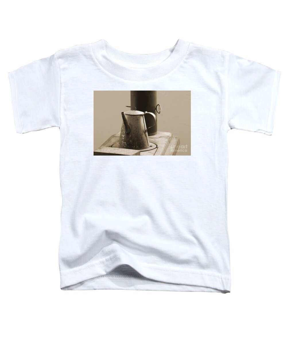Wood Stove Toddler T-Shirt featuring the photograph Coffee Pot on Cast Iron Stove in Sepia - Fort Stanton New Mexico by Colleen Cornelius