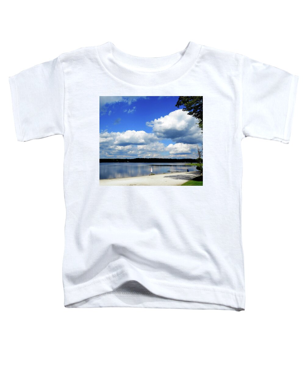 Cumulus Clouds Toddler T-Shirt featuring the photograph Cumulus Clouds Over a Lake in the Pocono Mountains in Pennsylvania by Linda Stern