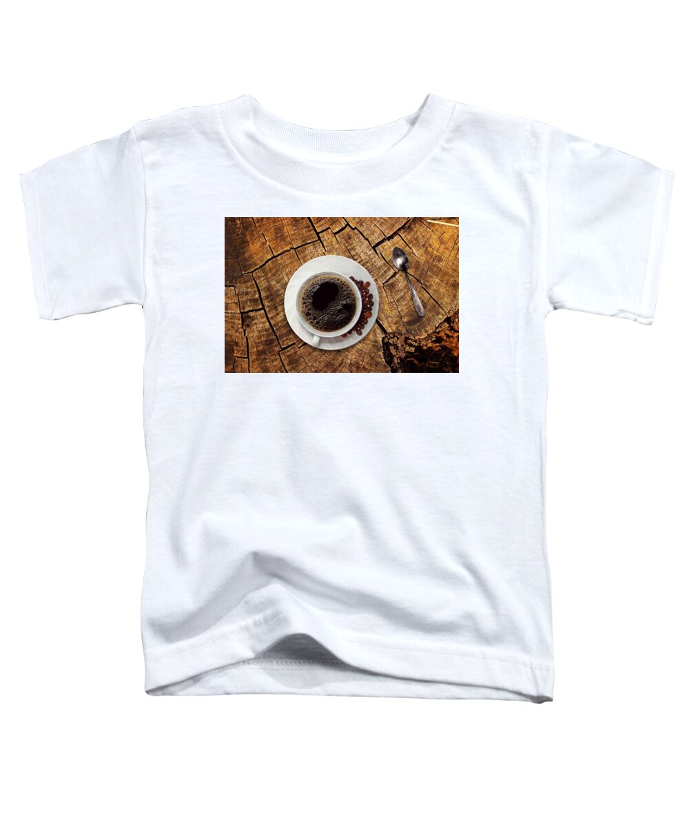 Photo Toddler T-Shirt featuring the photograph Cup of coffe on wood by Top Wallpapers