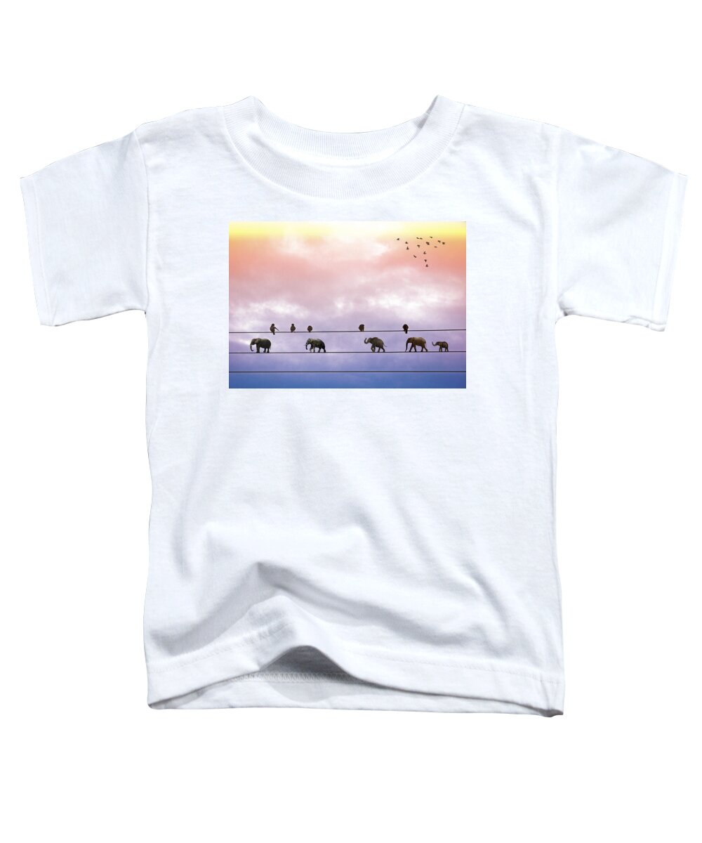 Surreal Toddler T-Shirt featuring the digital art Elephants on the Wires by Alex Mir