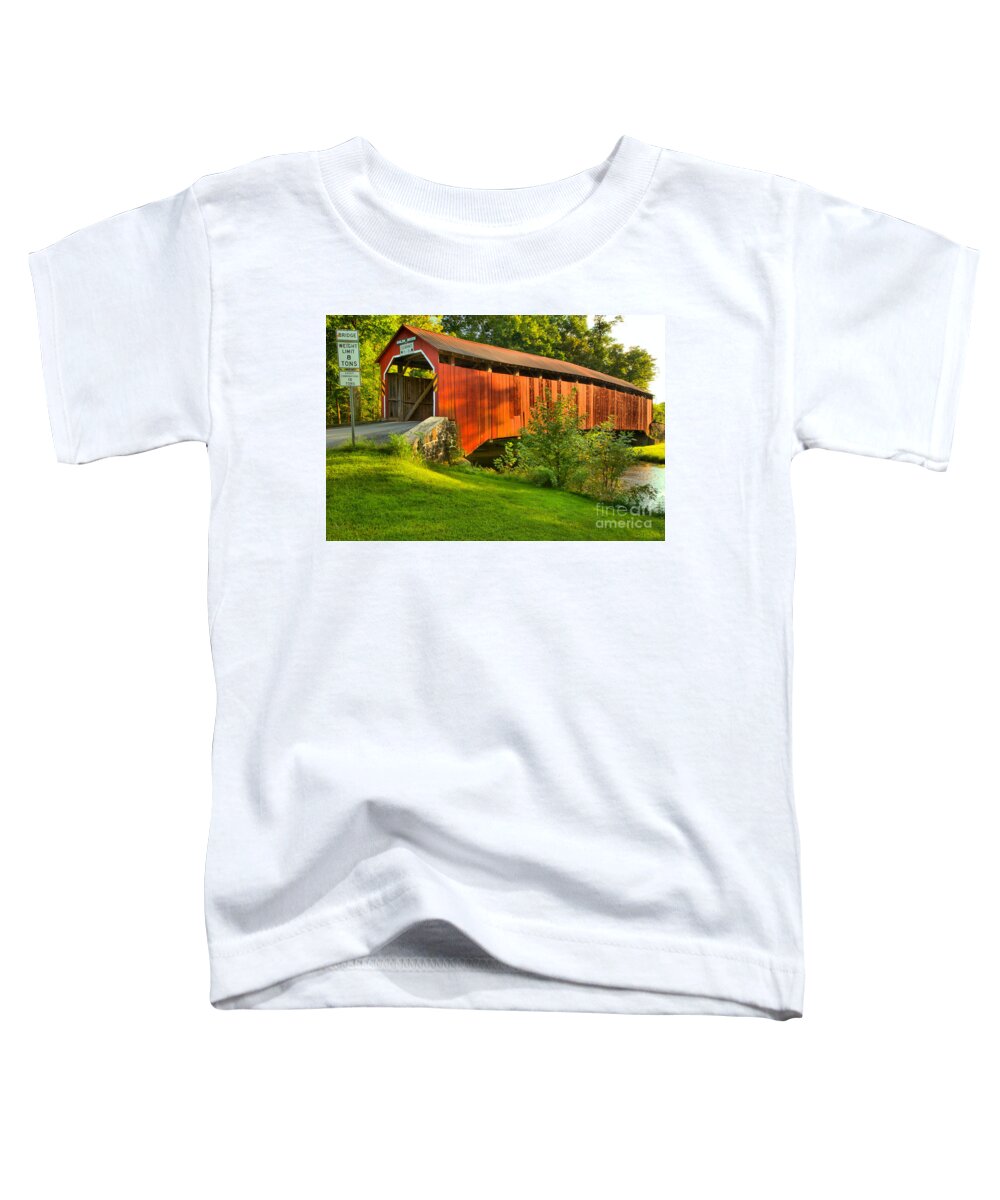 Enslow Toddler T-Shirt featuring the photograph Enslow Covered Bridge Lush Landscape by Adam Jewell