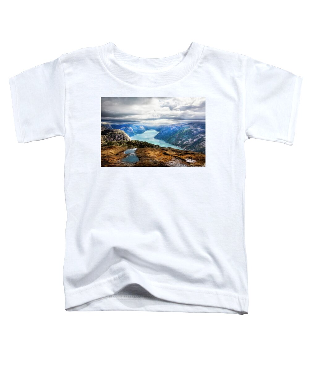 Clouds Toddler T-Shirt featuring the photograph From the Top of Preikestolen The Pulpit Rock by Debra and Dave Vanderlaan