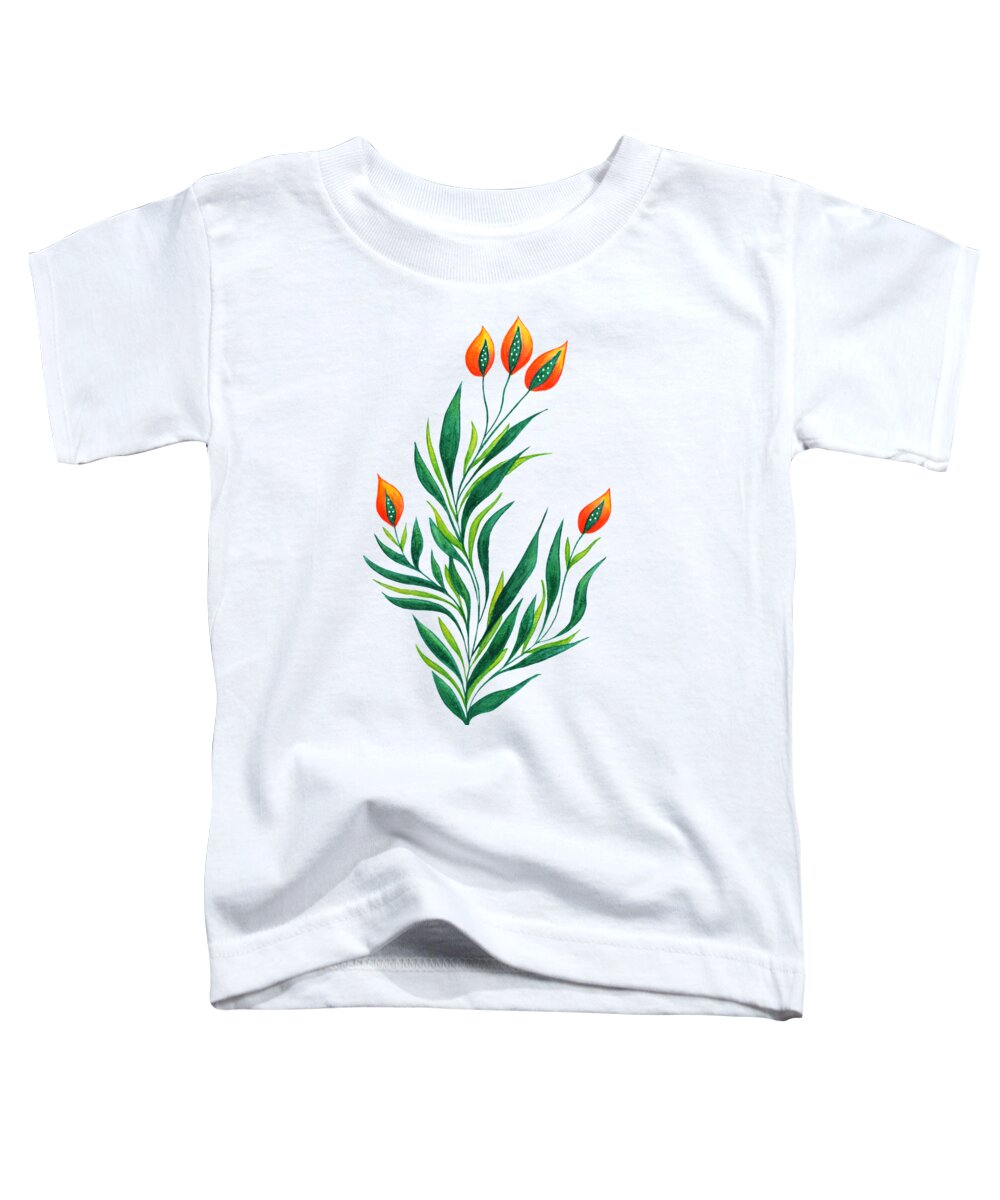 Green Toddler T-Shirt featuring the drawing Green Plant With Orange Buds by Boriana Giormova