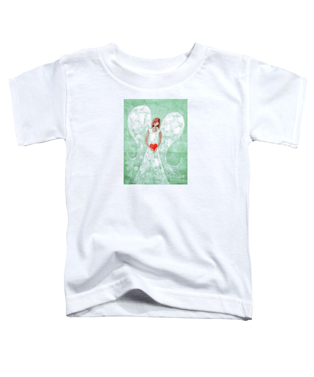 Angel Toddler T-Shirt featuring the painting Heard on High Angel - mint green heart by Annie Troe