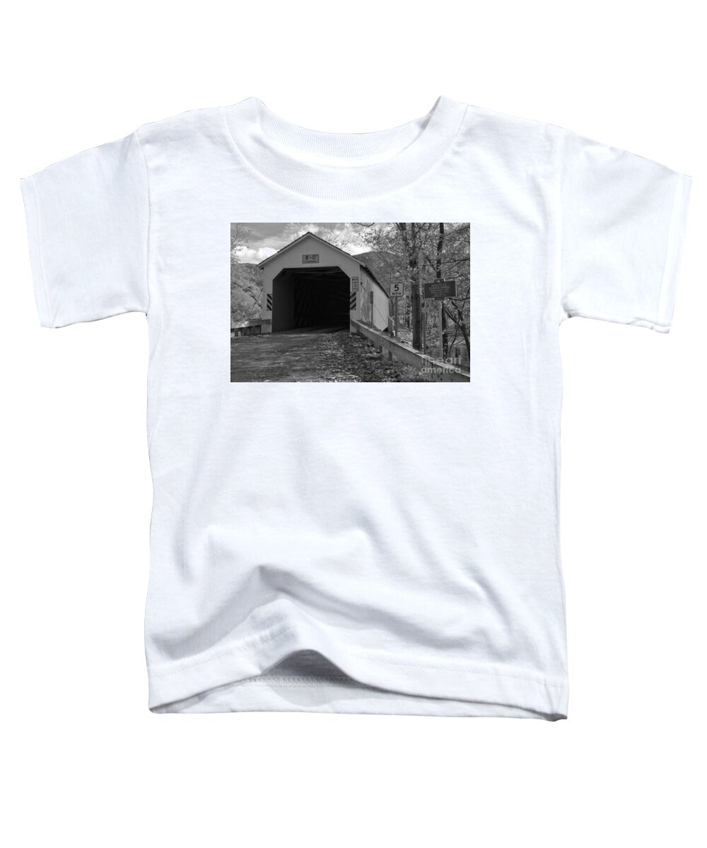 Eagleville Covered Bridge Toddler T-Shirt featuring the photograph Historic Eagleville Covered Bridge Black And White by Adam Jewell