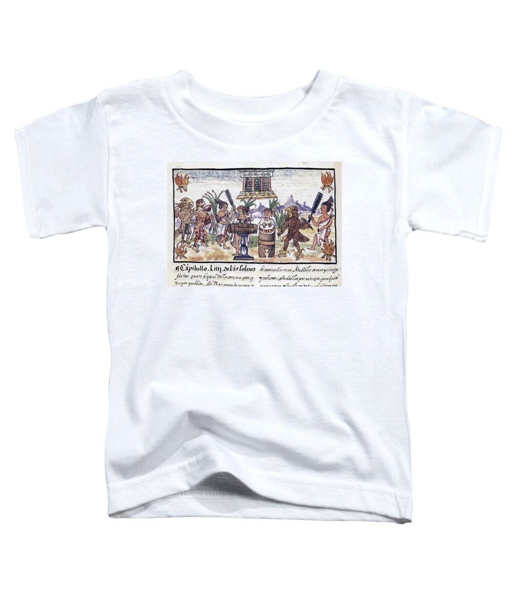 Diego Duran Toddler T-Shirt featuring the drawing History Of The Indies Of New Spain - Celebration Of The Coronation Of Moctezuma - 16th Century. by Diego Duran -1537-1588-