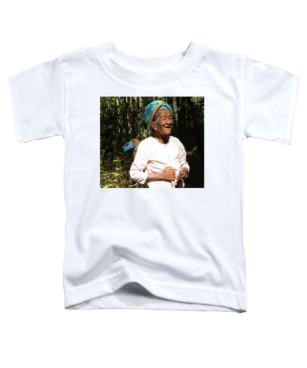 Woman Toddler T-Shirt featuring the photograph laughing elderly Burmese woman by Ann Moore