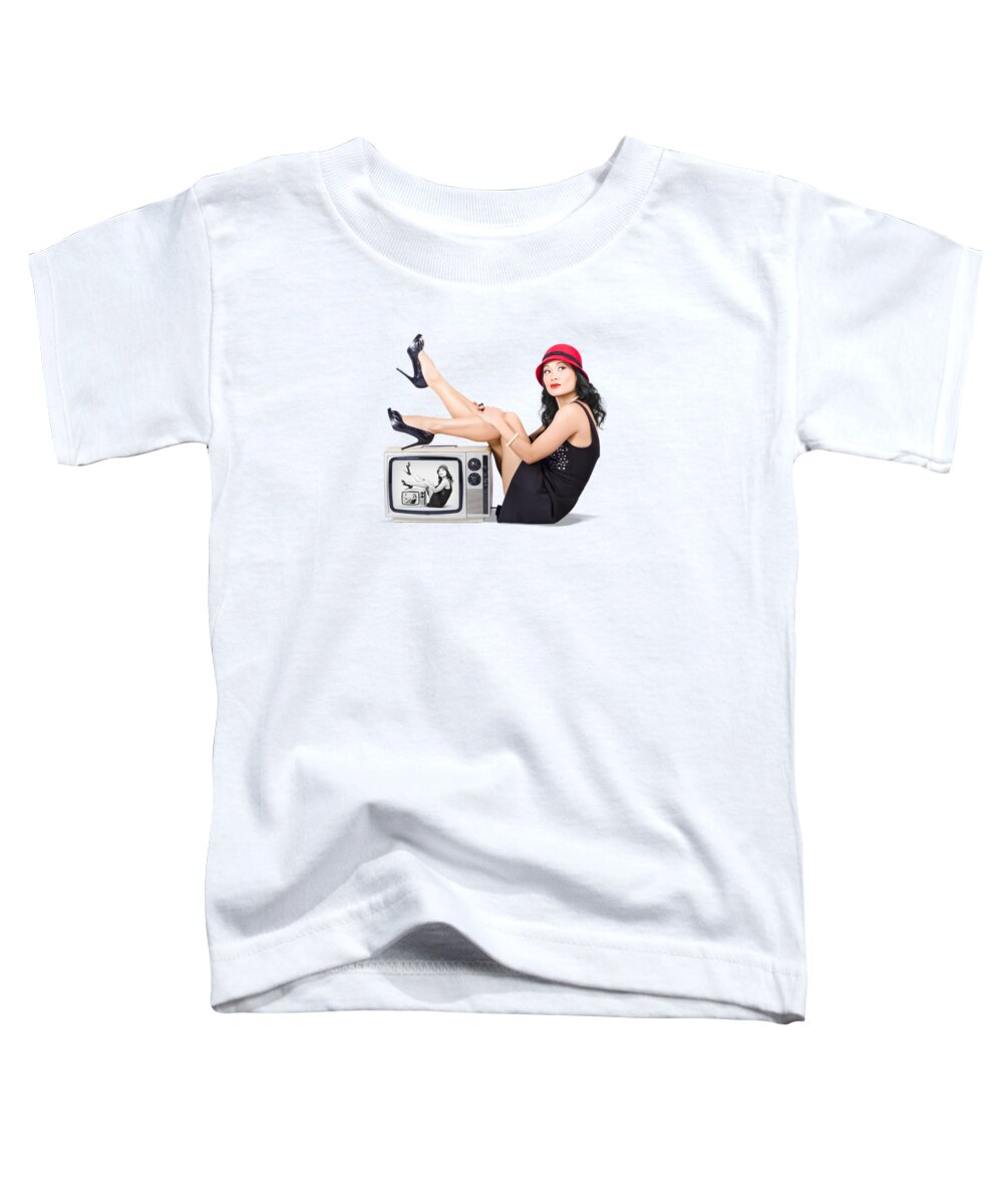 Girl Toddler T-Shirt featuring the photograph Lovely asian pinup girl posing on vintage tv set by Jorgo Photography
