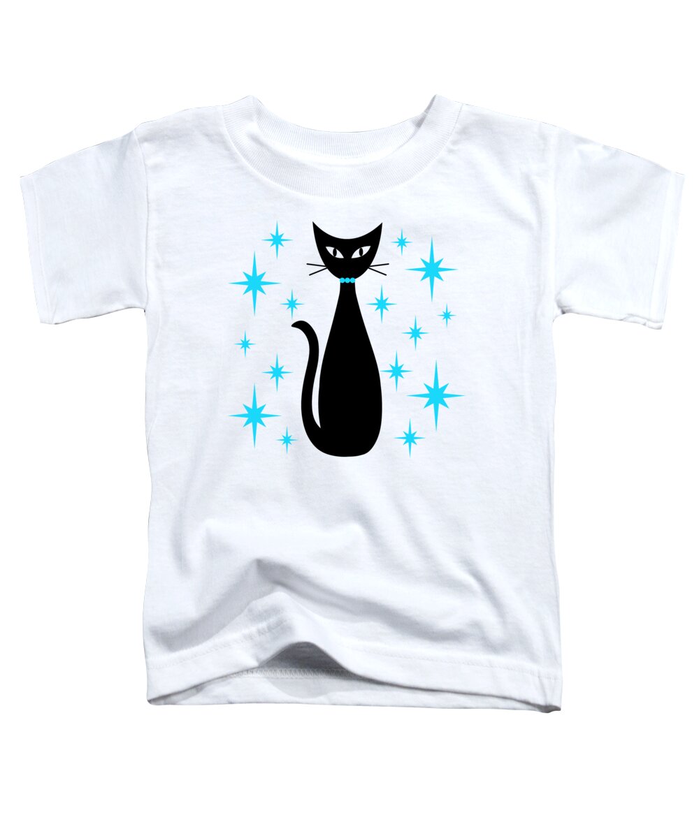 Mid Century Modern Toddler T-Shirt featuring the digital art Mid Century Cat with Turquoise Starbursts by Donna Mibus