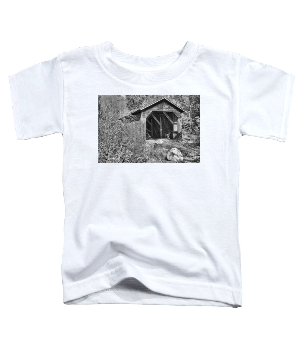 Mcdermott Covered Bridge Toddler T-Shirt featuring the photograph New Hampshire McDermott Covered Bridge Black And White by Adam Jewell