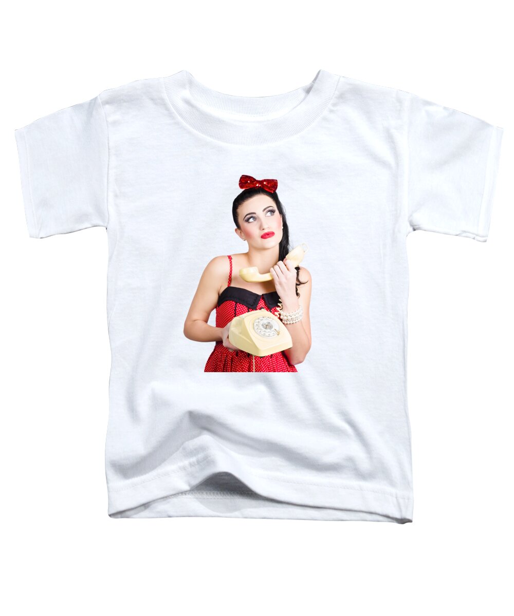 Phone Toddler T-Shirt featuring the photograph Pinup woman chatting on yellow telephone by Jorgo Photography