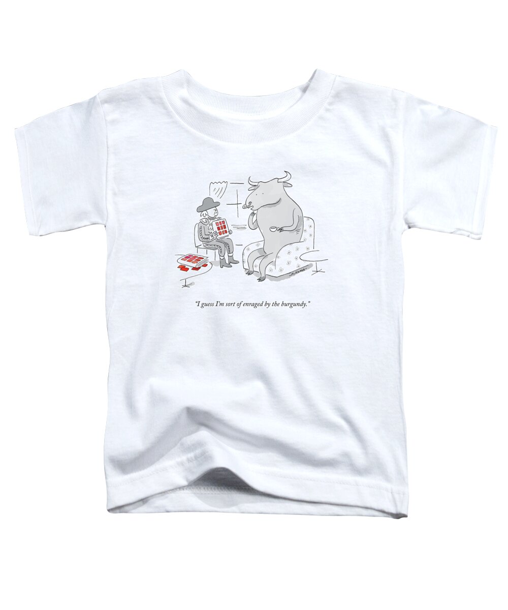 i Guess I'm Sort Of Enraged By The Burgundy. Bull Toddler T-Shirt featuring the drawing Sort of Enraged by Burgundy by John McNamee