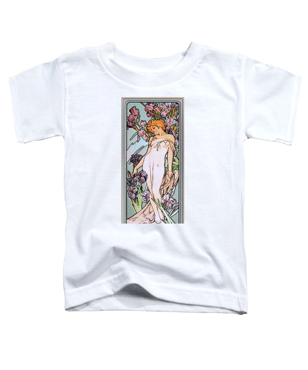 The Iris Toddler T-Shirt featuring the painting The Iris by Alphonse Mucha Art Nouveau Artwork by Rolando Burbon