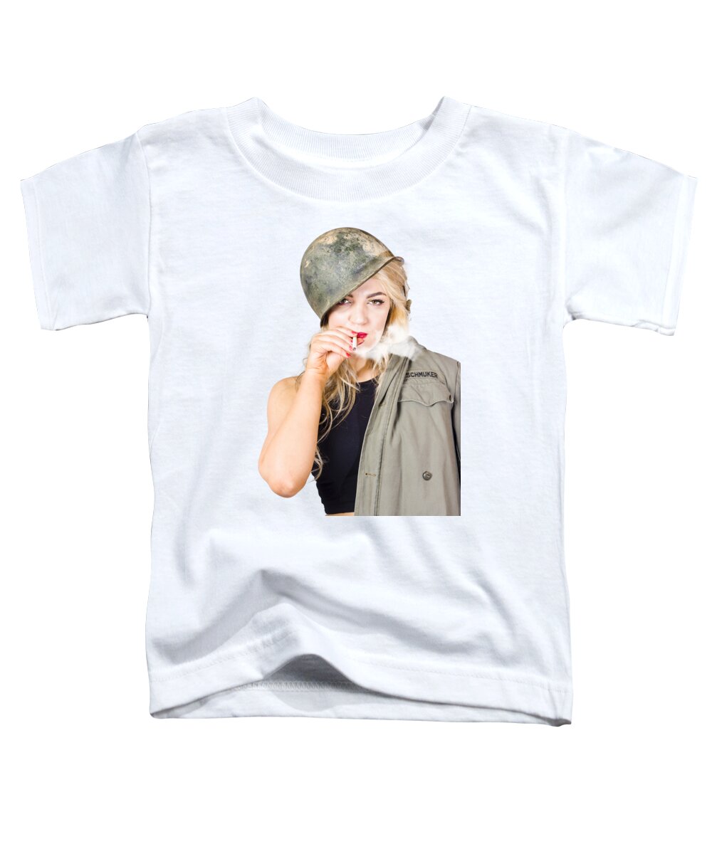 Military Toddler T-Shirt featuring the photograph Tough and determined female pin-up soldier smoking by Jorgo Photography