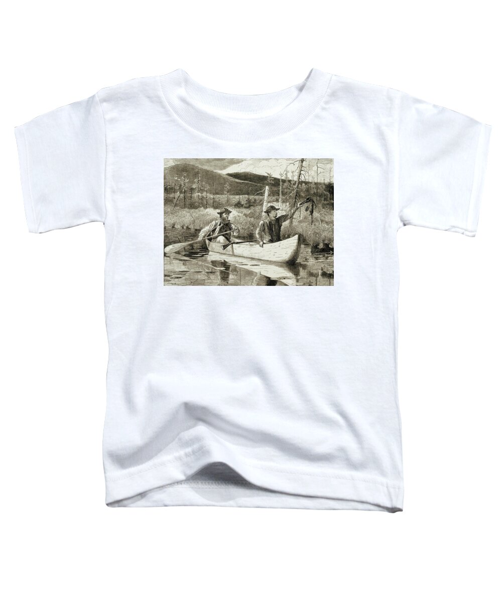 Trapping In The Adirondacks Toddler T-Shirt featuring the drawing Trapping in the Adirondacks by Winslow Homer1870 by Movie Poster Prints