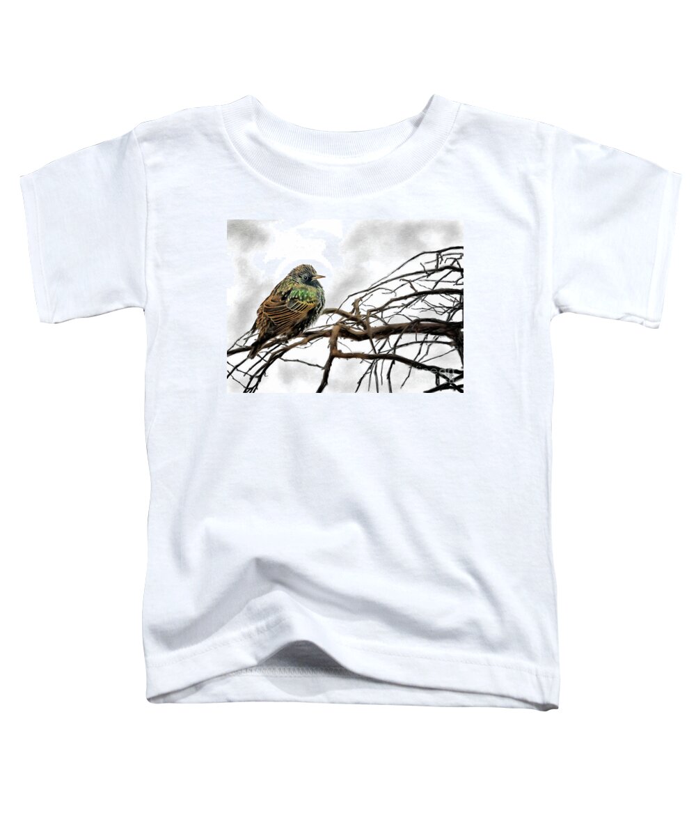Starling Toddler T-Shirt featuring the digital art Winter Starling Waiting by Lois Bryan