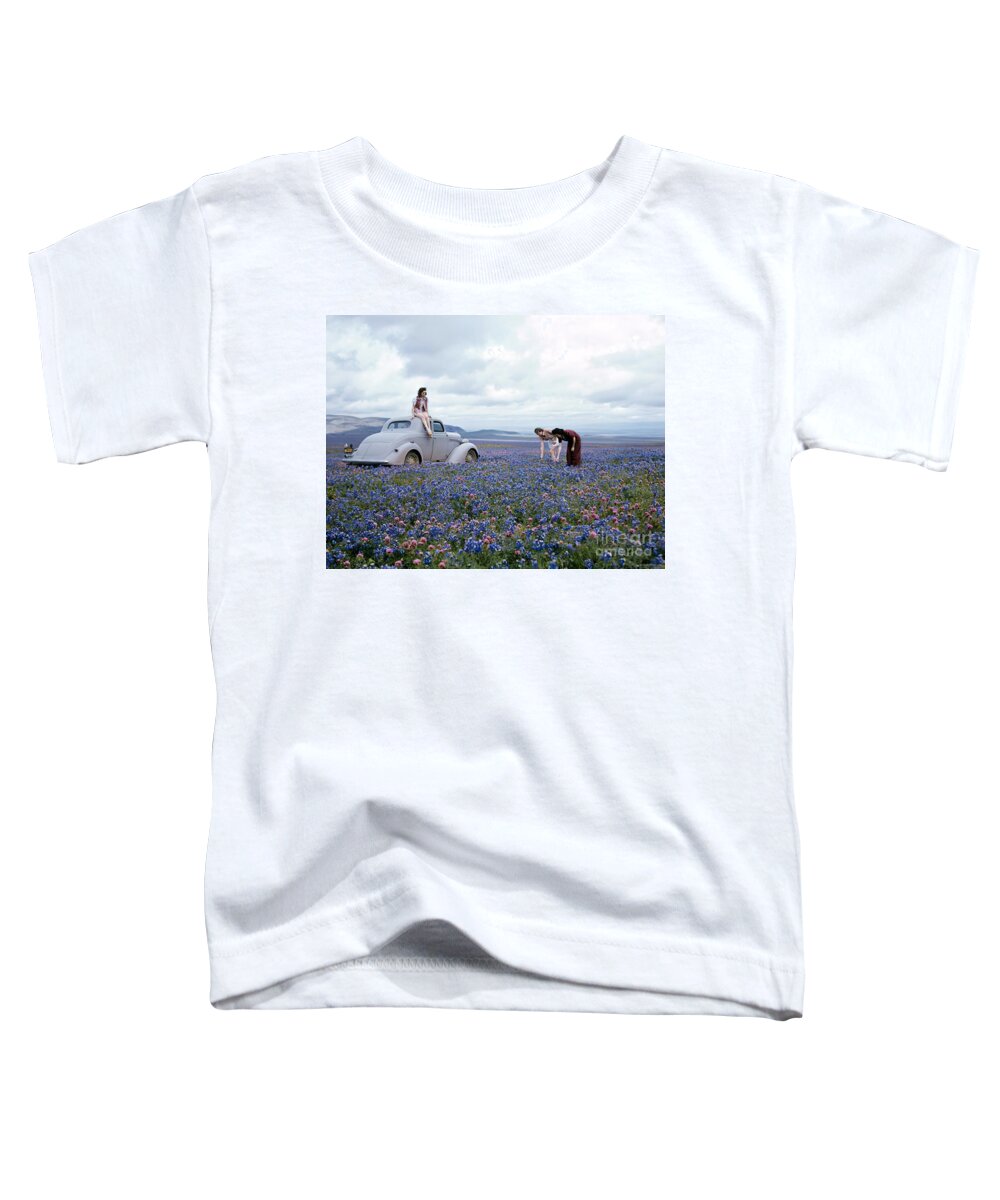 Vintage Toddler T-Shirt featuring the photograph Women Picking Daisies In Meadow With 1930s Vehicle by Retrographs