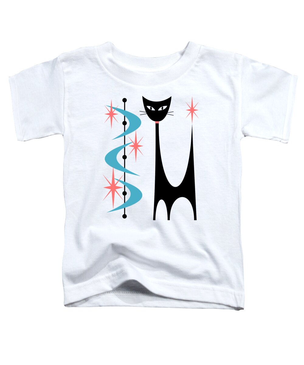 Mid Century Modern Toddler T-Shirt featuring the digital art Atomic Cat Turquoise and Pink #1 by Donna Mibus