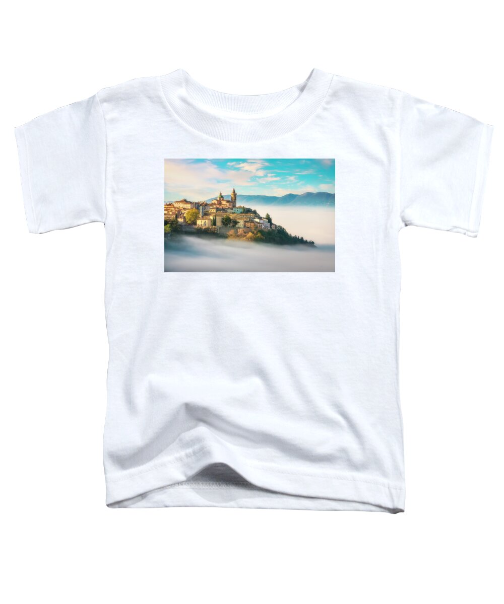 Trevi Toddler T-Shirt featuring the photograph Trevi picturesque village in a foggy morning. Perugia, Umbria, I by Stefano Orazzini