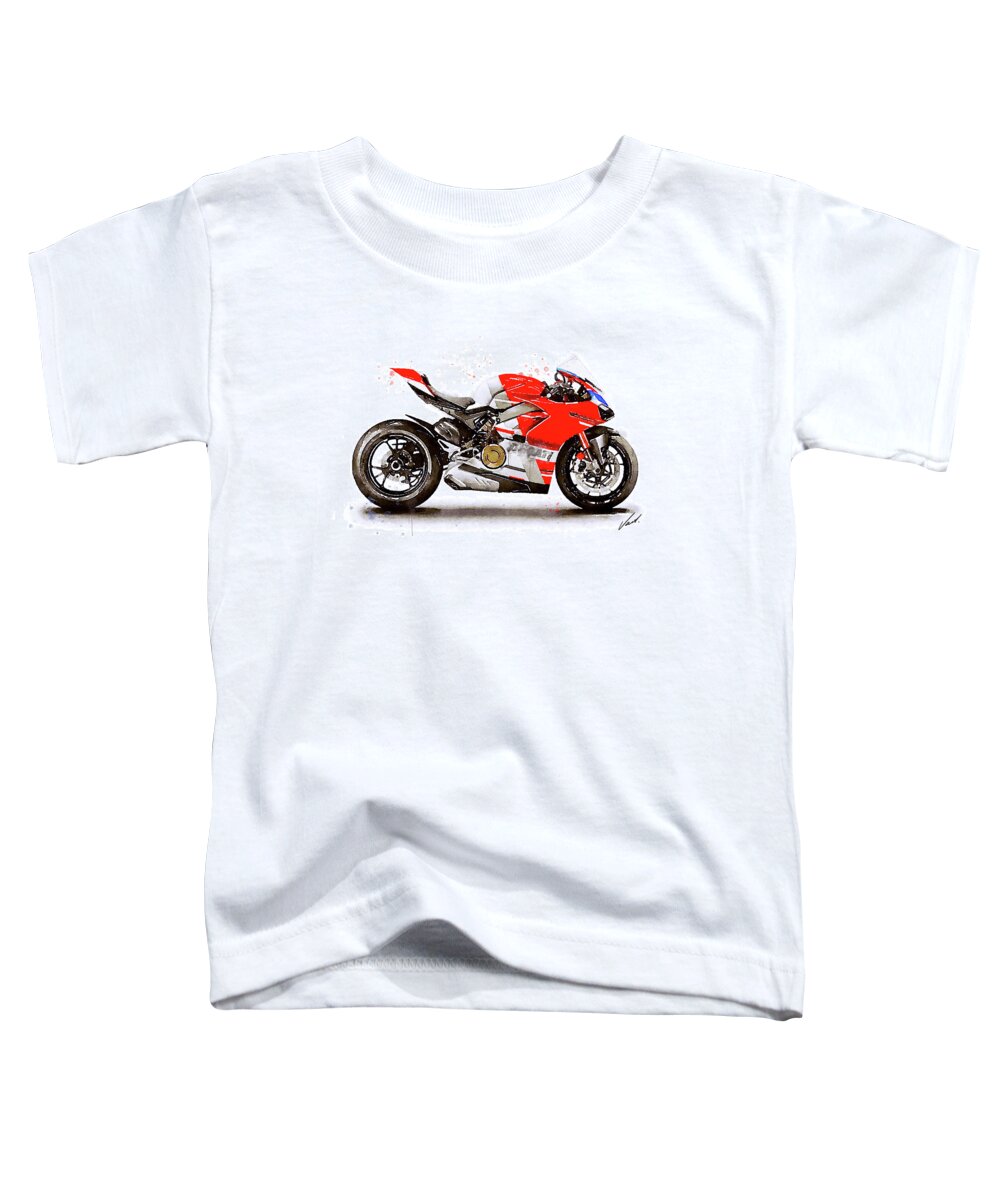 Sport Toddler T-Shirt featuring the painting Watercolor Ducati Panigale V4S motorcycle, oryginal artwork by Vart by Vart Studio