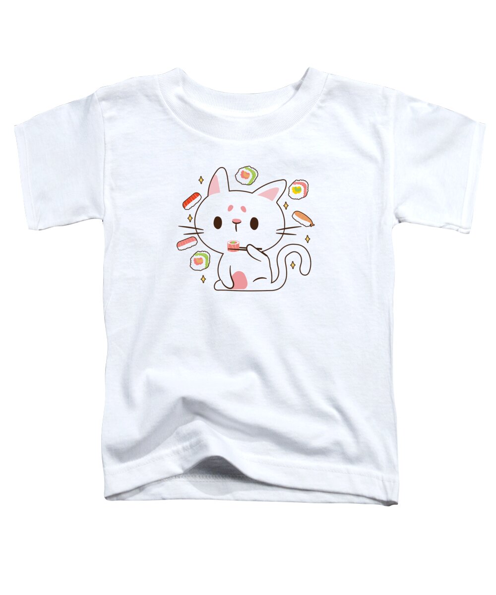 Cat Toddler T-Shirt featuring the digital art Kawaii Cat Eating Sushi Japanese Raw Food #3 by Toms Tee Store