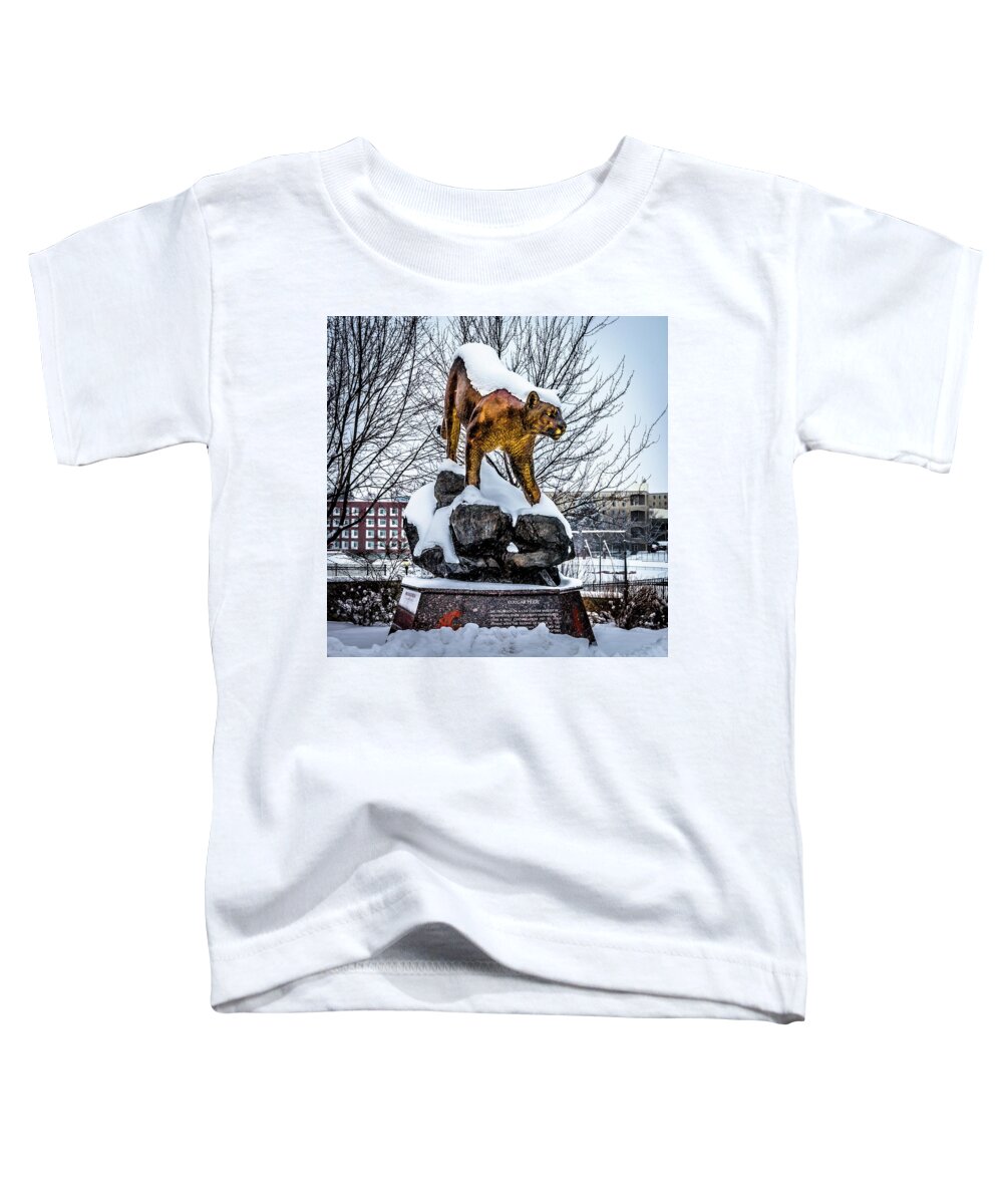 A Snowy Cougar Toddler T-Shirt featuring the photograph A Snowy Cougar by David Patterson