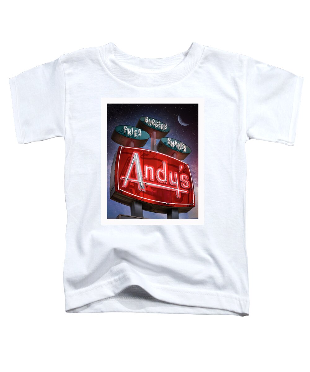 Andy's Toddler T-Shirt featuring the photograph Andy's Igloo Drive In at night by ARTtography by David Bruce Kawchak