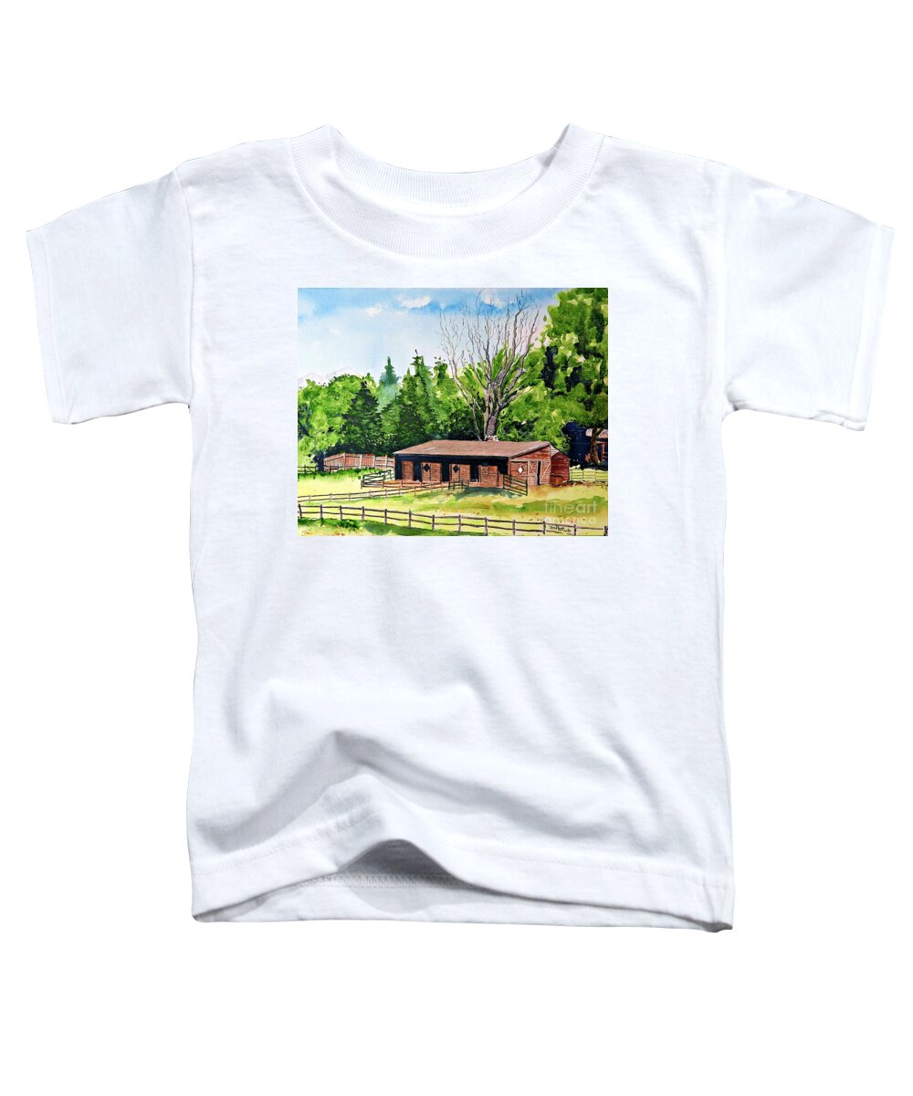 Applewood Estates Toddler T-Shirt featuring the painting Applewood Horse Barn by Tom Riggs