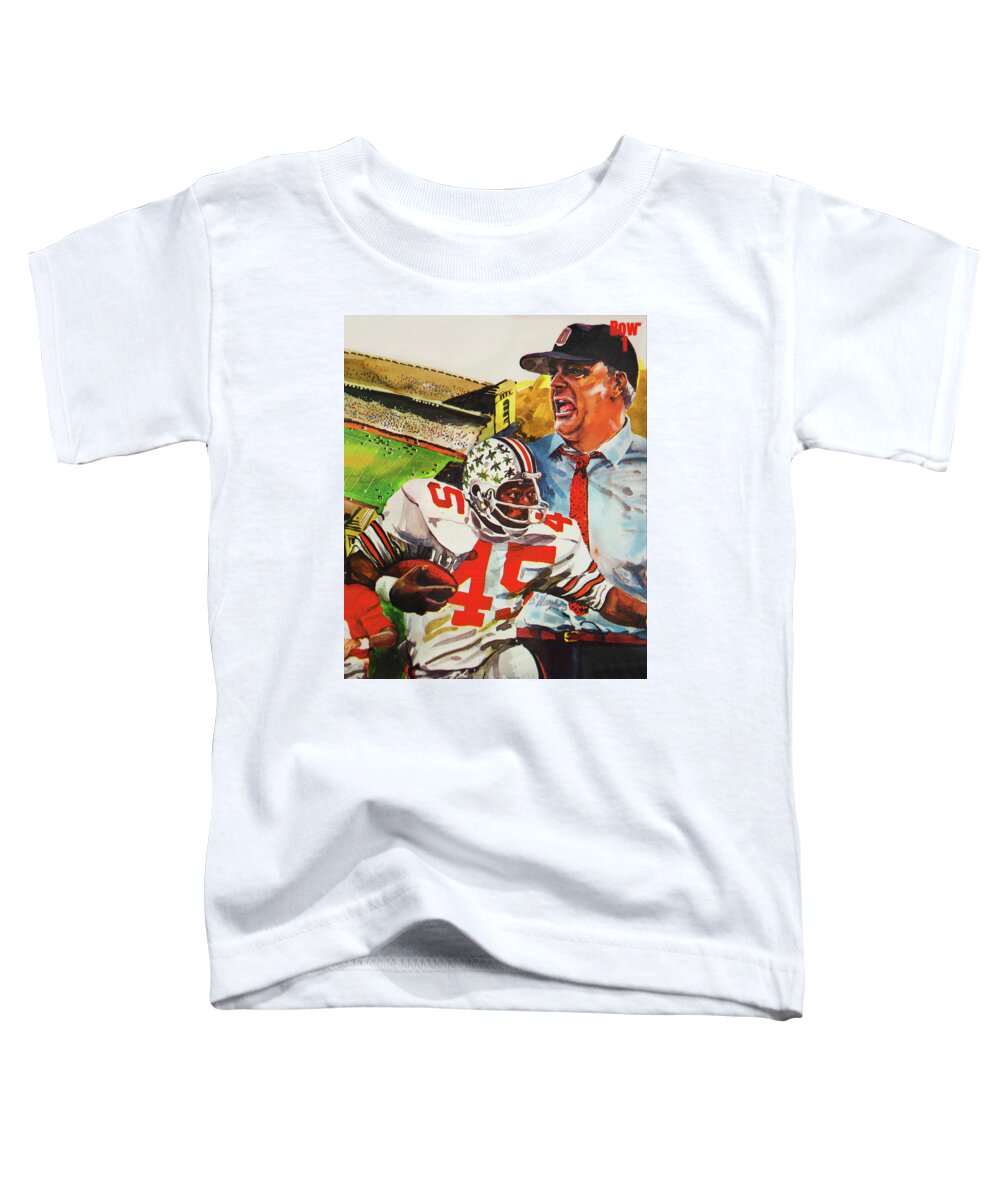 Woody Hayes Toddler T-Shirt featuring the mixed media 1974 Ohio State Buckeyes Football Art by Row One Brand