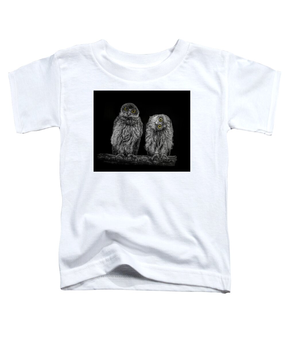 Portrait Toddler T-Shirt featuring the drawing Barking Owls Black And White by Joan Stratton