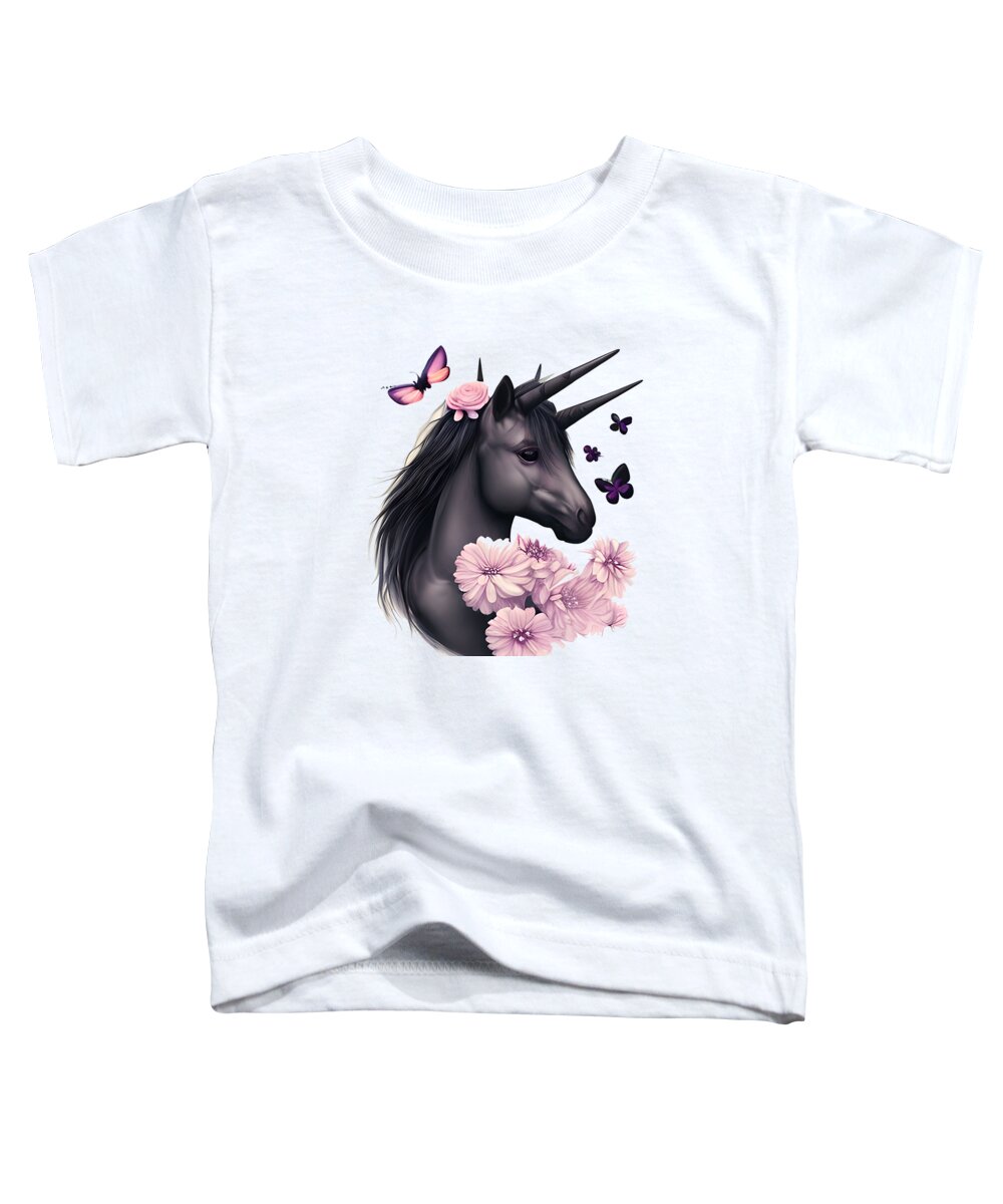 Black Unicorn Toddler T-Shirt featuring the digital art Beautiful Black Floral Unicorn by Debra Miller