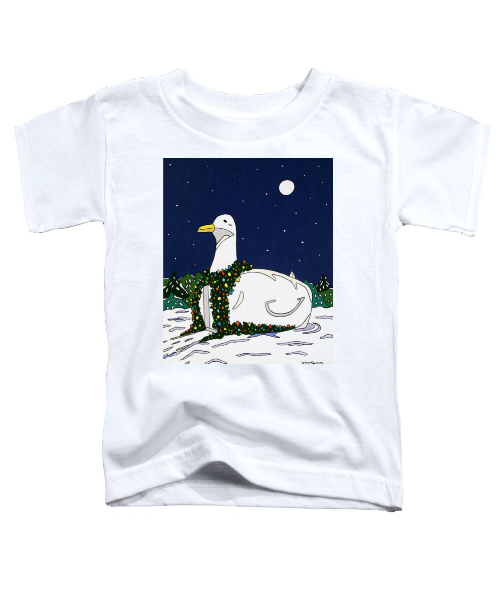 Bigduck Duck Christmas Snow Flanders Longisland Toddler T-Shirt featuring the painting Big Duck at Christmas by Mike Stanko