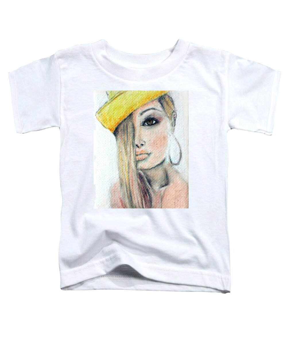 Blonde Woman Toddler T-Shirt featuring the drawing Blonde Hair, Yellow Hat by Jayne Somogy