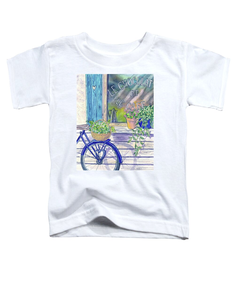 Bicycle Toddler T-Shirt featuring the painting Blue Bicycle At Cafe Window Sweet Flowers In The Basket by Irina Sztukowski