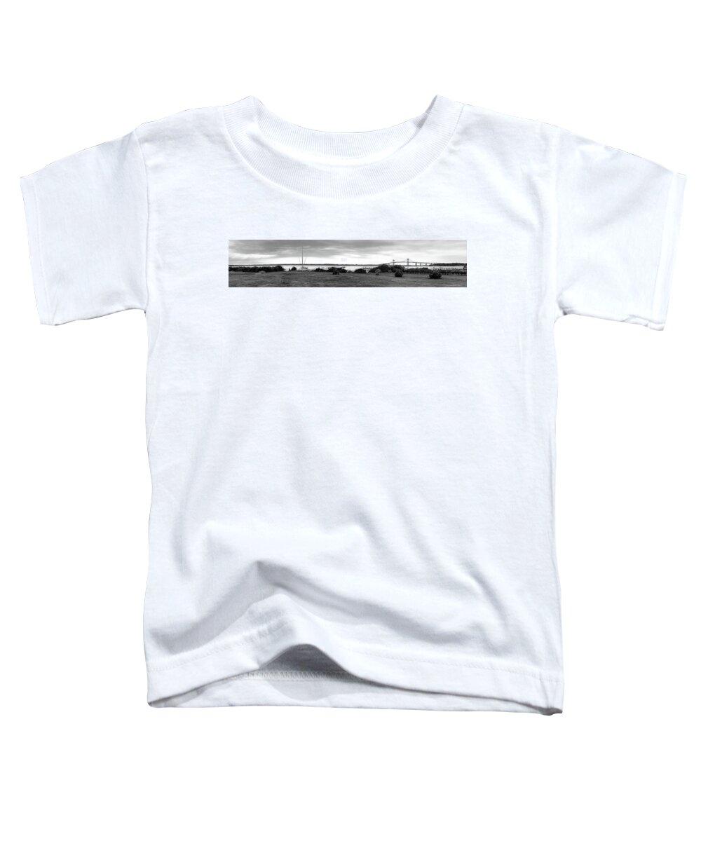 Newport Toddler T-Shirt featuring the photograph Bridge On The Bay in BW by Jim Feldman