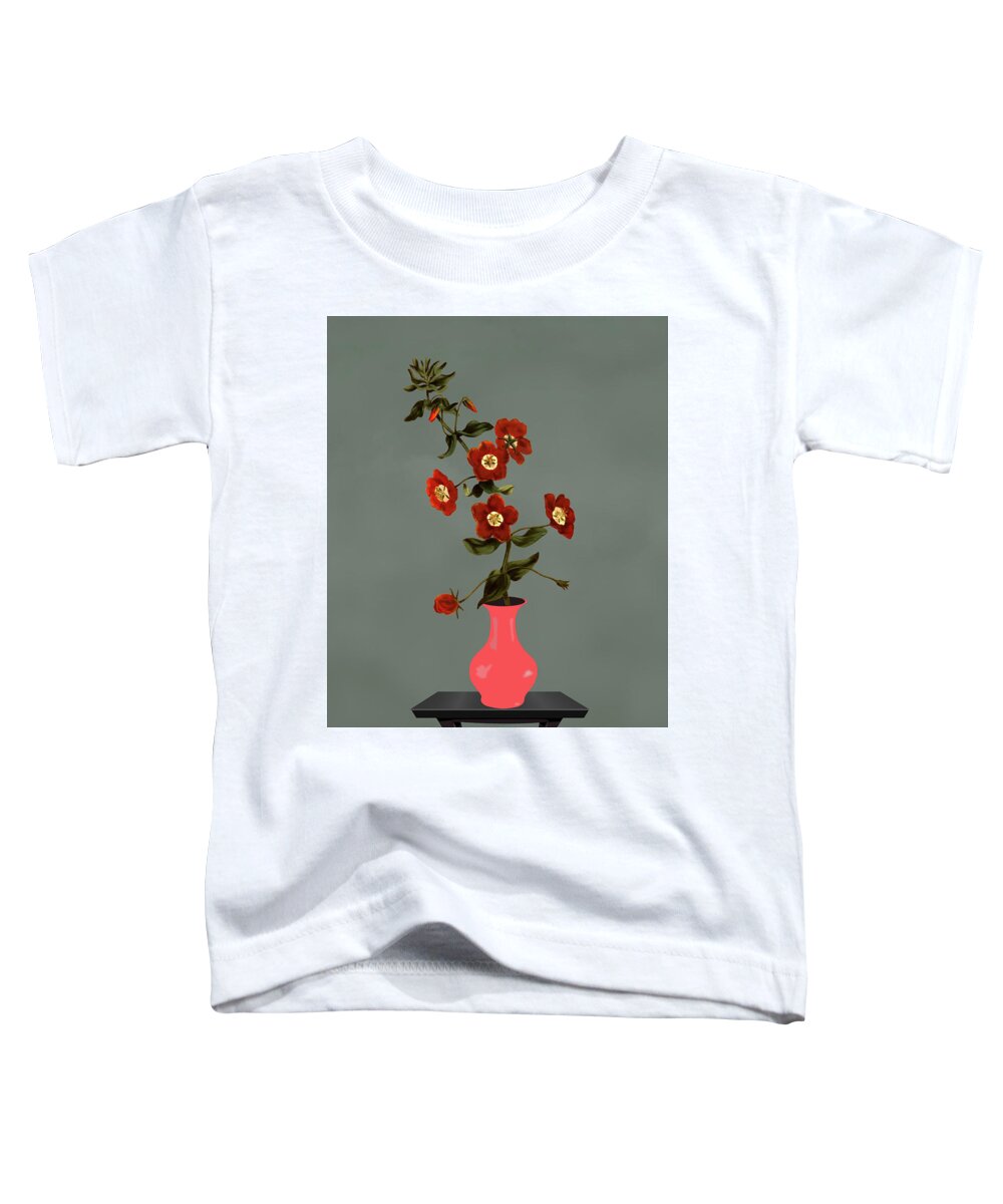 Shrubby Pimpernel Toddler T-Shirt featuring the mixed media Bright Pink Glass Vase with Flowers by David Dehner