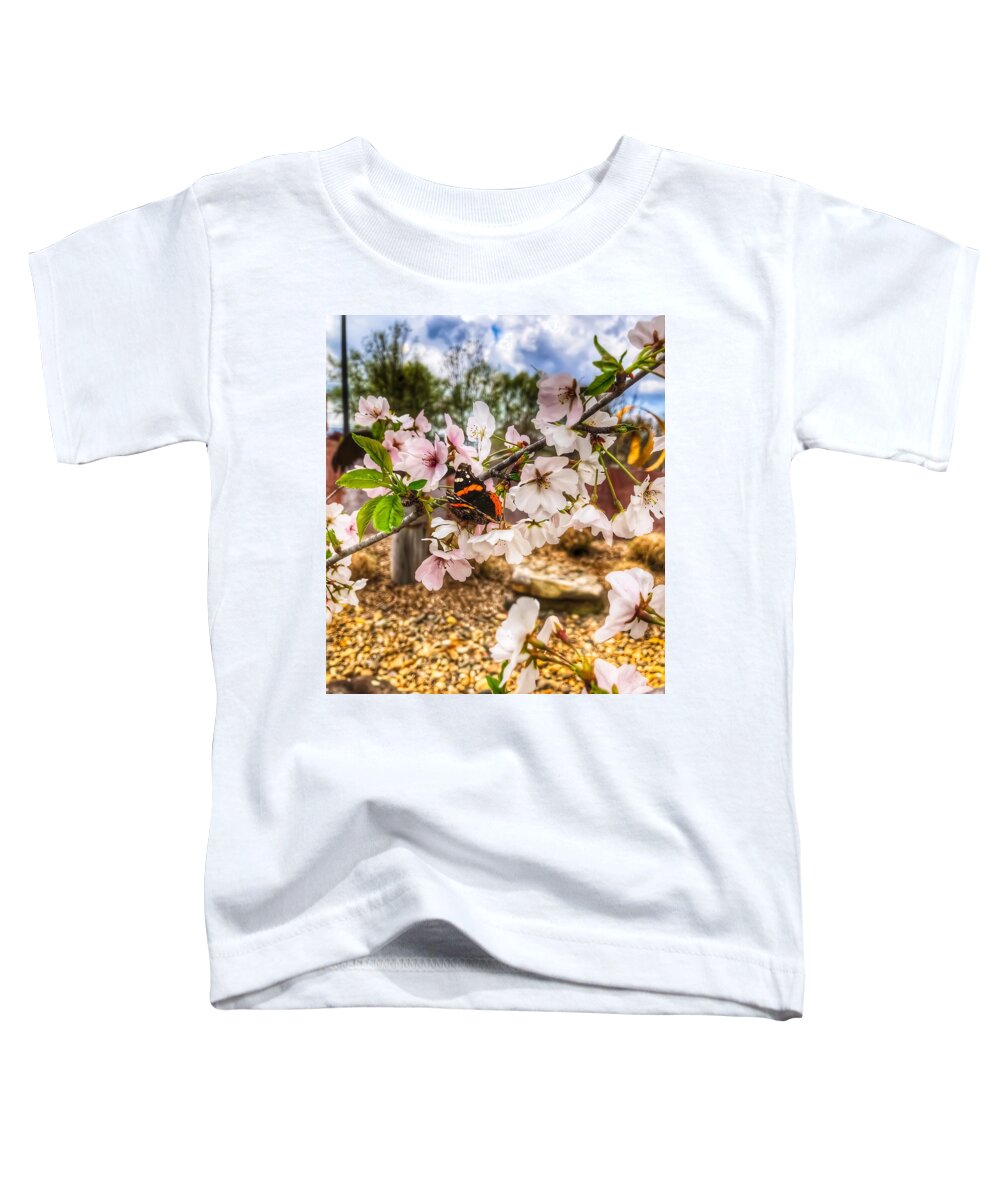 Cherry Blossoms Toddler T-Shirt featuring the photograph Butterfly Nestled in the Cherry Blossoms by Michael Dean Shelton