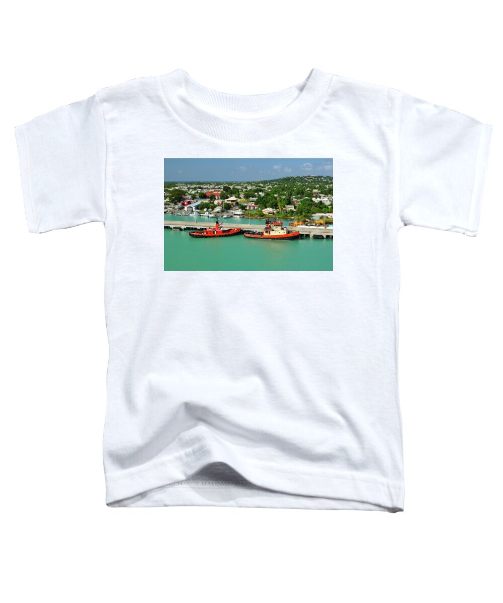 Caribbean Toddler T-Shirt featuring the photograph Caribbean Tugboats with Antigua Skyline by Luke Moore