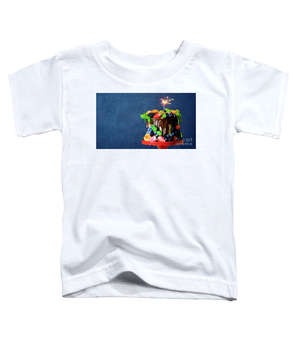 Birthday Toddler T-Shirt featuring the photograph Chocolate drip cake decorated with fresh fruit and berries with copy space. by Milleflore Images