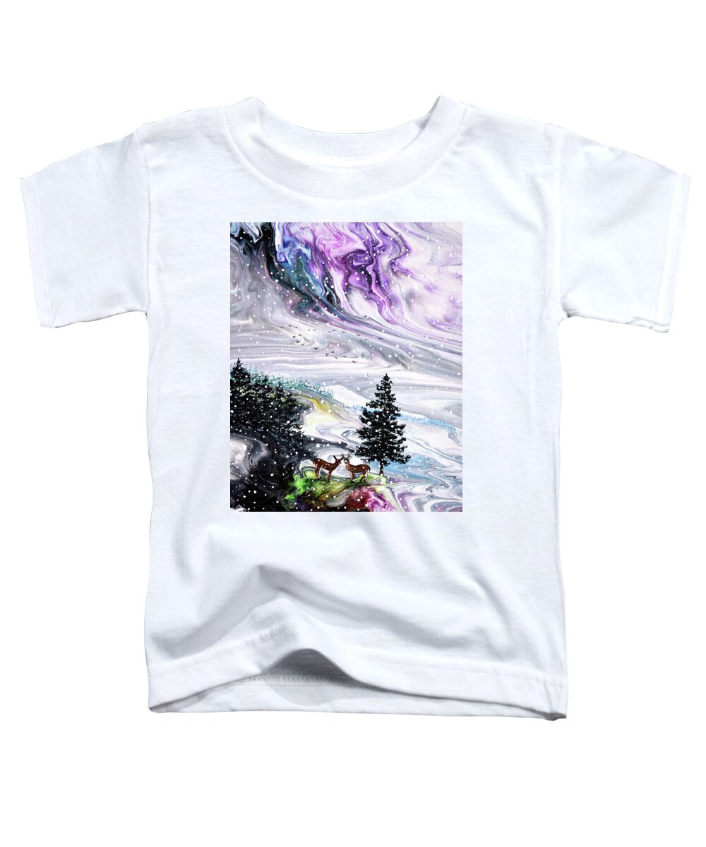 Pine Tree Toddler T-Shirt featuring the painting Falling Snow on the Mountains by Laura Iverson