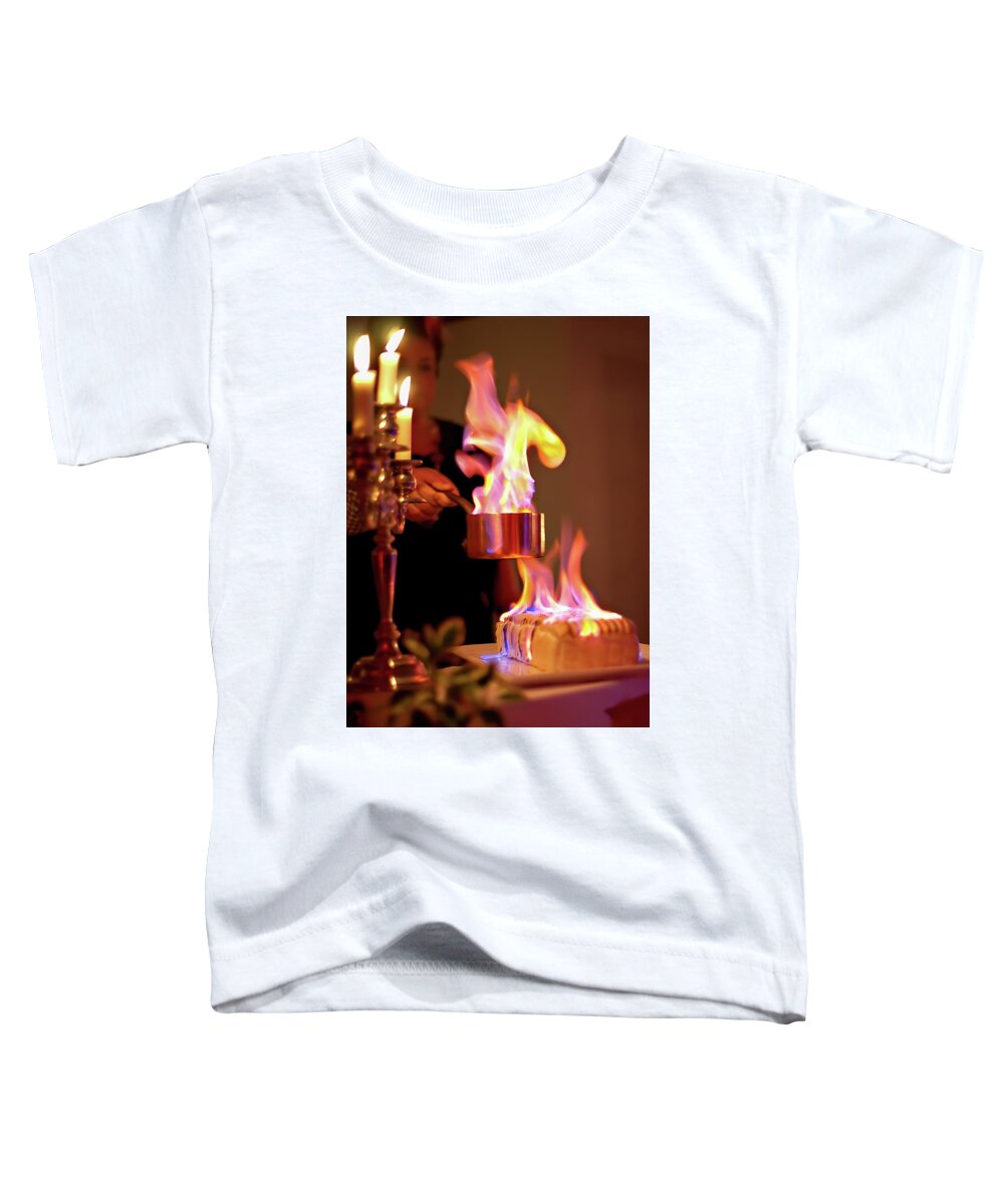 Alcohol Toddler T-Shirt featuring the photograph Flambeed Norwegian omelet, Baked Alaska by Jean-Luc Farges